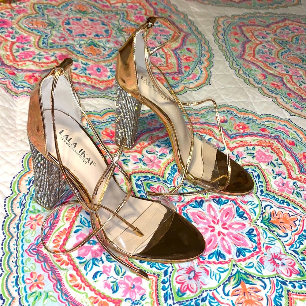 Gold sparkly clear tie-up heels